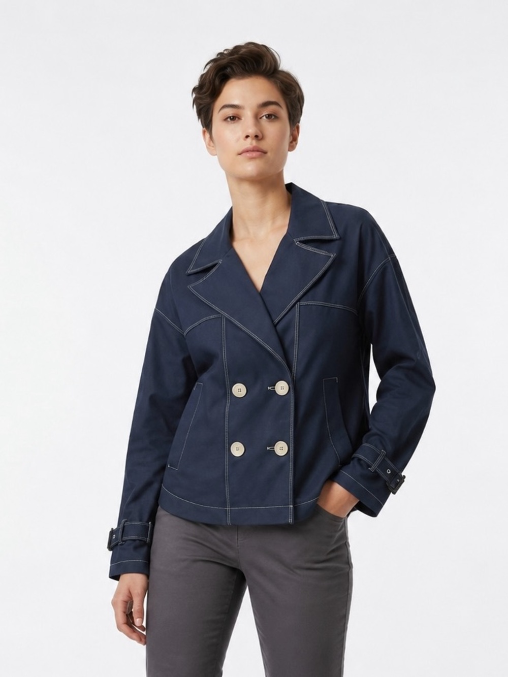 Mainstream Boutique Oversized Contrast Stitch Double-Breasted Jacket JetBlue NWT